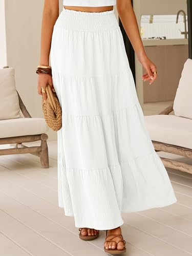 ANRABESS Womens Maxi Skirts, Elastic High Waist A-Line Tiered, Long Flowy Boho Skirts, Summer Casual Beach & Vacation Wear White M - Thumbnail 2