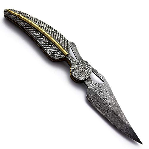 Faca de bolso dobrável de aço damasco artesanal DCF17-31 da WolfKlinge, alça de damasco, com bainha