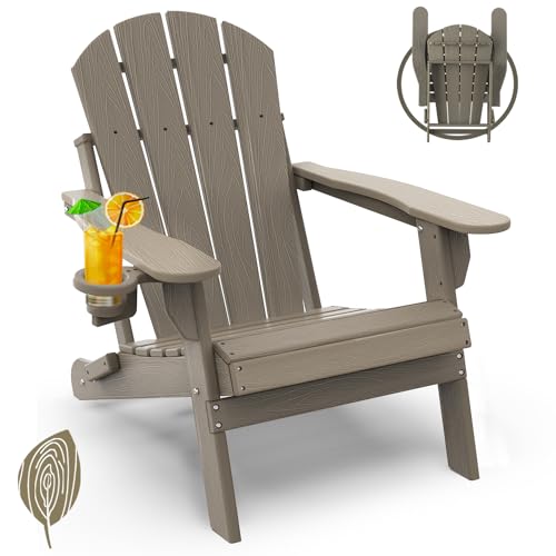 GREENVINES Folding-Adirondack-Chair | Wood Grain | HDPE Plastic | Fire Pit Chairs | All Weather | Cup Holder | Desert Brown | for Deck Backyard Patio