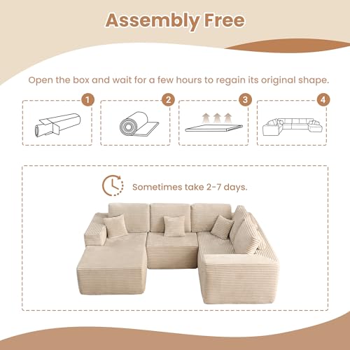 Image of HOOOWOOO Cloud Sectional Couches for Living Room,Modular Sectional Sofa No Assembly,110X79 Inch Plush Corduroy Large U Shaped Floor Couch Set with Deep Seat Chaise(Beige)