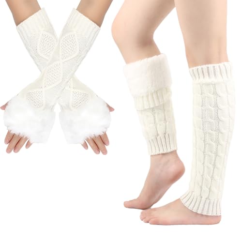 Image of Chiclinco Crochet Leg Warmer Fleece Lined and Fur Arm Warmer Fingerless Gloves Set for Cold Weather Boot Socks Ice Skating