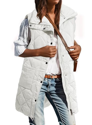 Dokotoo Long White Puffer Vest Women Warm Padded Gilet Casual Zip-Up Pocketed Sleeveless Outerwear Jacket Winter Coats for Women Quilted Vest 2025 Fashion Medium