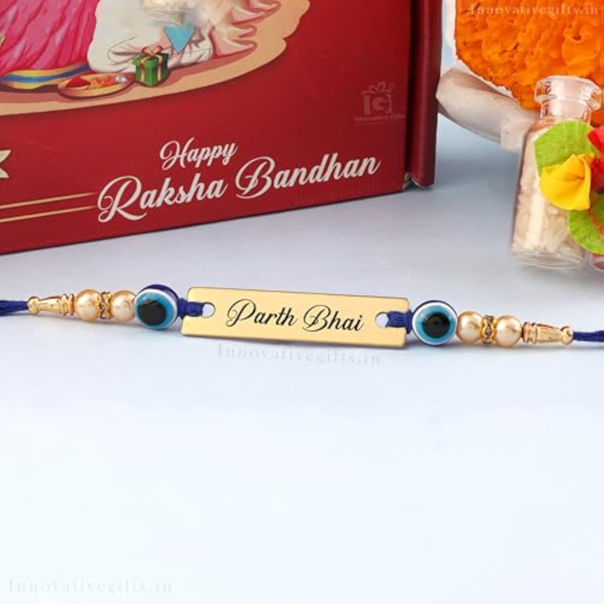 Personalized Evil Eye Rakhi with Roli Chawal for Brother