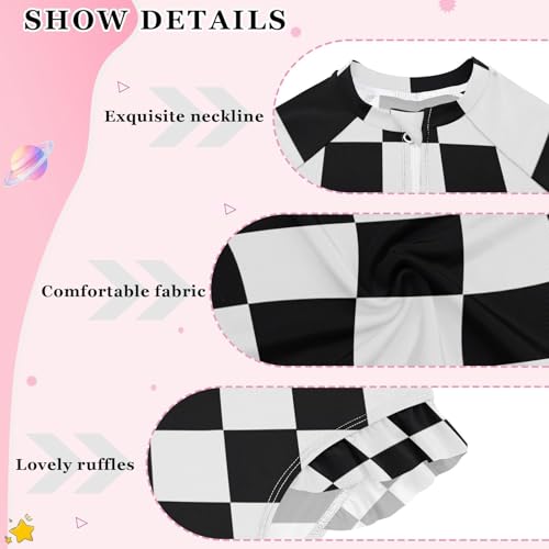 Girls One Piece Swimsuits Long Sleeve Swimsuit Zipper Bathing Suits Black White Checkered Chess Buffalo Plaid3