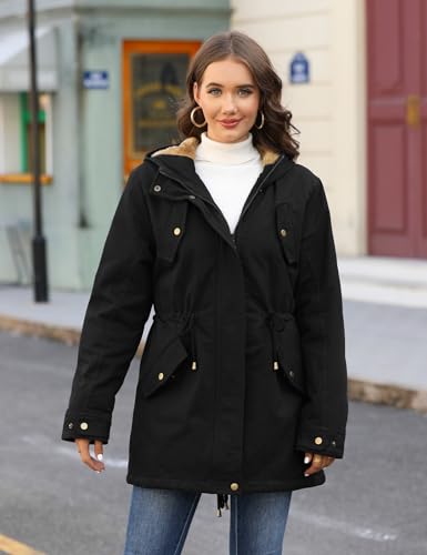 Nadeer Damen Jacke Winter Lang Warm Gefüttert Winterparka Funktionsjacke Steppjacke Wintermantel Langarm Hoodie Kapuzenpullover(Schwarz,S)