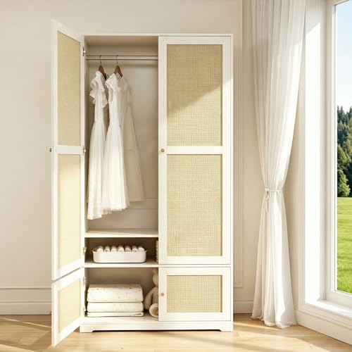 Coolywood Armario de ratán de 2 puertas, con barra y estantes, color blanco, 90 x 48 x 180 cm