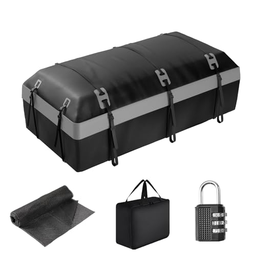 Car Rooftop Cargo Carrier Bag, 30 Cubic Feet Car Roof Soft-Shell Luggage Bag for All Vehicles with/Without Racks, Include Luggage Lock, 2 Reinforced Straps, 6 Door Hooks, Anti-Slip Mat (Grey)