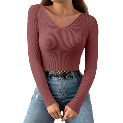 Womens Long Sleeve V Neck Sweaters Ribbed Knit Slim Fit Lightweight Sweater Solid Basic Casual Pullover Jumper Tops