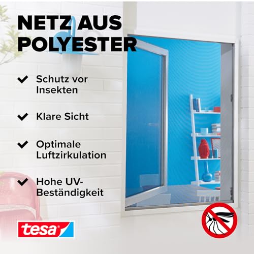tesa Insect Stop COMFORT Fliegengitter für bodentiefe Fenster - Insektenschutz selbstklebend - Fliegen Netz ohne Bohren - 120 cm x 240 cm - Anthrazit (Durchsichtig)