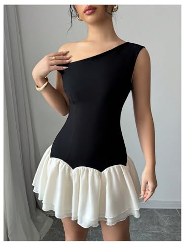 Image of Verdusa Women's Color Block Ruffle Off Shoulder Dress Drop Waist Layered Mesh Mini Dress