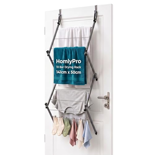 HomlyPro Over Door Clothes Drying Rack 10 Bar Foldable Hanging Drying Rack Space Saving Laundry Organizer Heavy Duty Clothes Airer Indoor & Outdoor Garment Storage Solution (Grey)
