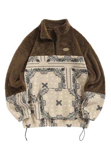 Image of ZAFUL Men 1 /4 Zipper Ethnic Aztec Fleece Unisex Winter Sweatshirt Tops 2026 | Funnel Neck Fluffy Polar Fleece Faux Sherpa Soft Thermal Pullover Kangaroo Pocket Jacket Hoodie Tops