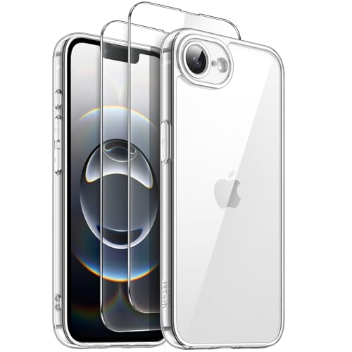 JETech 3 en 1 Funda para iPhone 17e (2026) / iPhone 16e con 2 Protectores Pantalla Cristal Vidrio Templado, Carcasa Anti Amarillo Antigolpes, Pantalla de 6,1 Pulgadas (Transparente)