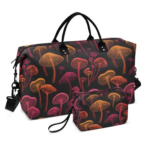 Red Yellow Mushroom Black Large Travel Duffle Bag Weekender Overnight Bags Gym Yoga Bag for Women Men with Toiletry Bag