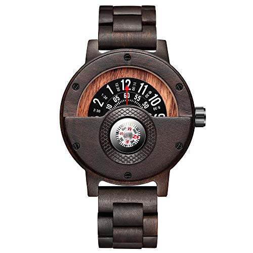 GORBEN Men's Natural Wood Quartz Watch with Compass Handmade Lightweight Watch with Gift Box
