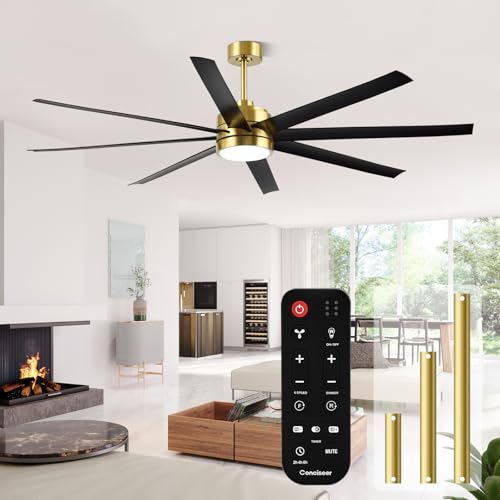 Image of Conciseer 72 Inch Ceiling Fans with Lights and Remote for Living Room Kitchen Library Cafe Outdoor /Industrial Use, 3CCT Dimmable, Dual Color 8 Blades 6 Speed Reversible Quiet DC Motor, Gold /Black
