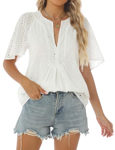 Relipop Women's Summer Eyelet Tops 2025 Dressy Casual V Neck Flutter Sleeve Hollow Out Lace Embroidered Blouses Shirts