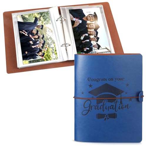 AmazingSpark 2026 Graduation Gifts Leather Graduation Photo Album with Writing Space Small Photo Book Holds 30 Pcs 4 x 6 Inch Picture with 10 Writing Paper High School Grad Gift Card Book(Blue)