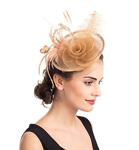 SAFERIN Fascinator for Women Hair Clip Hat Bowler Feather Flower Veil Wedding Party Hat (TA4-Sinamay Khaki)