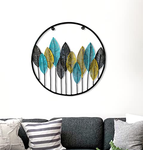 Image of iHandikart Modern Circular Metal Wall Art | 23x23 Inch Round Leaves Sculpture | Gold, Blue, & Black Framed Decor for Living Room, Bedroom, and Office