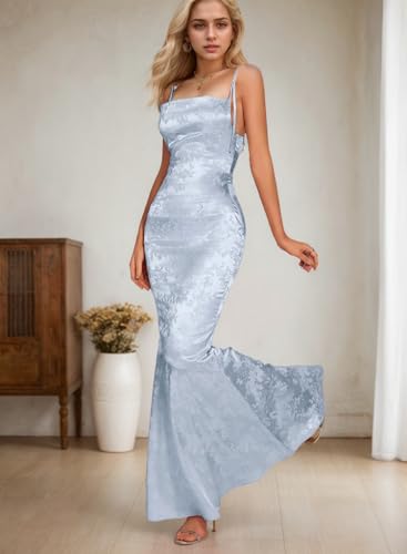 Floral Satin Mermaid Prom Dress Spaghetti Strap Formal Wedding Guest Maxi Dresses for Women UU1294