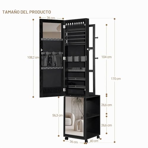 Miniatura 8 de Hzuaneri Armario Joyero 8 Leds, Organizador De Pie Para Joyas Con 1 Perchero, Espejo De Cuerpo Entero Con Cerradura Y 4 Ruedas, Estantes De Almacenamiento De 3 Niveles, Negro Jc17004b