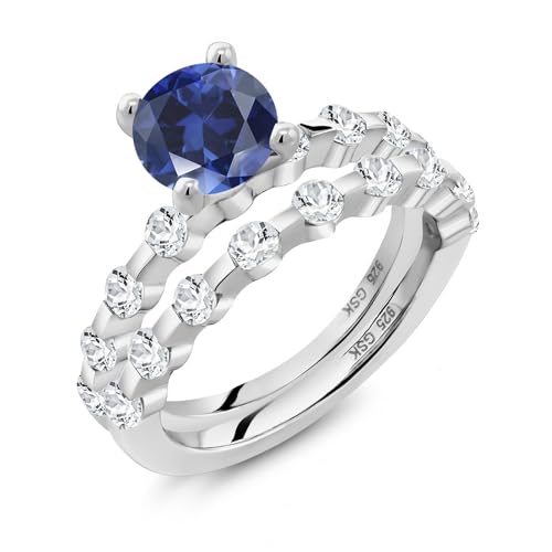 925 Sterling Silver Blue Created Sapphire and White Topaz Wedding Engagement Ring Band Bridal Set For Women (2.96 Cttw, Gemstone September Birthstone, Round 7MM, Available in Size 5,6,7,8,9)2