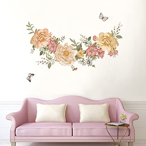 Mfault Vintage Peony Flowers Leaves Peel Stick Wall Decal Sticker, Boho Floral Butterfly Botanical Plant Nursery Decoration Girls Bedroom Living Room Art, Women Teen Kids Room Home Kitchen Decor Gift #TOP5