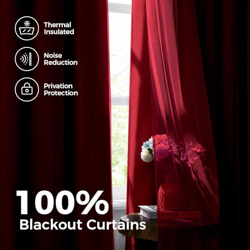 Image of 100% Blackout Curtains for Bedroom, Double Layer Red Curtains, Black Out Curtain 63 inch Long with Sheer Overlay for Living Room, Room Darkening Window Drapes with Grommet, 52 inch W x 63 inch L