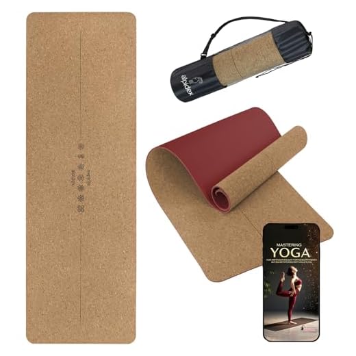 ALPIDEX Kork Yogamatte 183 x 61 x 0.6 cm E-Book Fitness Pilates Matte Schadstofffrei rutschfest Tragetasche Hilfslinien Natürlicher Kork Yoga Mat, Bordeaux