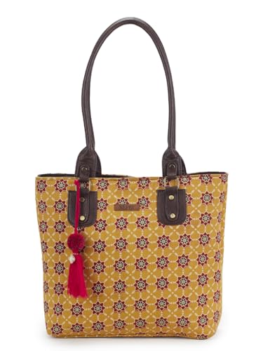 Image of NEPRI Office Pouch Tote Bag | Stylish Set of 2 Tote Bags for Women| Vegan Leather & Handblock Printed Fabric Handbag with Double Handle Shoulder Strap| Daily & Travel Use