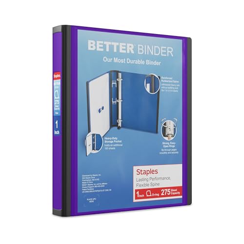 Staples 1-Inch 3-Ring Better Binder, Durable View Binder for Office & School Organization, Purple, 3-Pack