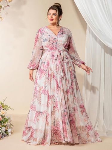 Image of Spring Summer 2024 Plus Size Womens Dresses V Neck Casual Elegant Long Sleeve Floral Print Maxi Dress