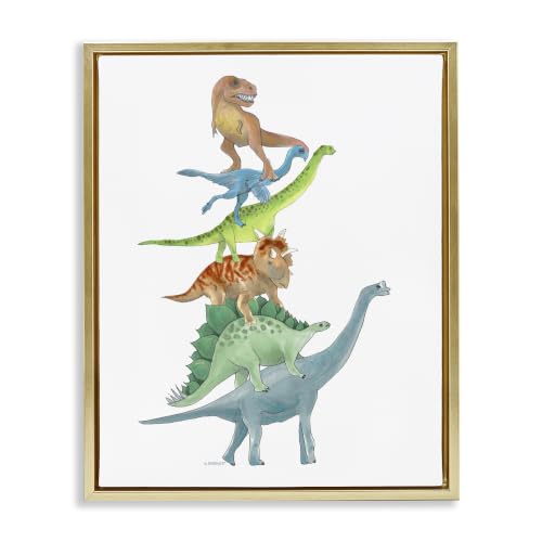 Stupell Industries Stacked Dinosaurs Balancing T-Rex Stegosaurus Illustration, Design by Dishique, Gold Floater Framed, 16 x 20