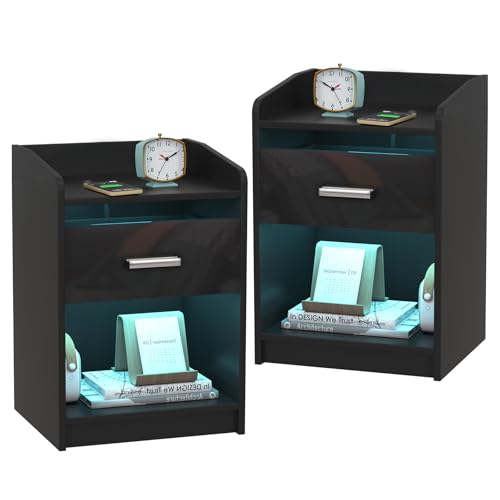 PIPIPOXER Lot de 2 Tables de Chevet LED avec 1 Tiroir, Tables de Nuit Blanc Haut Brillance, 16 Couleurs Lumières LED, 4 Modes de Luminosité pour Chambre à...