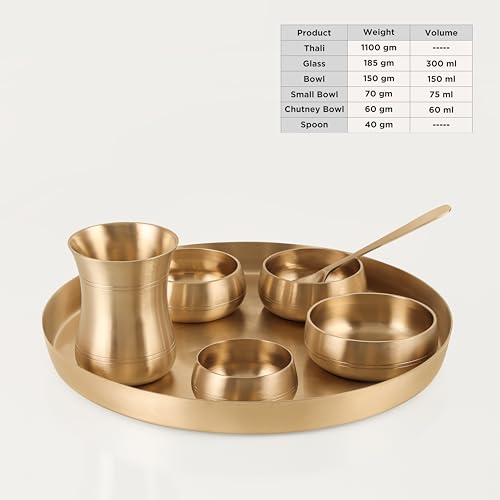 Image of The healing store 7-Piece Kansa Solid Dinner Set|Shine Finish|1 Plate (11.5 inch Thali),3 Bowls,1 Glass,1 Sweet Dish Plate,1 Spoon | Bronze Kansa Dinner Set 7 matt Polish