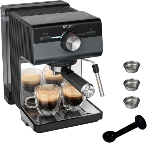 Krups Cafetera Espresso Manual, Authentic+, 15 bares de presión, Espumador de leche, Ajuste Manual, Cuchara Medidora y Compactadora, Depósito de 2 L de capacidad, Negra, XP384G