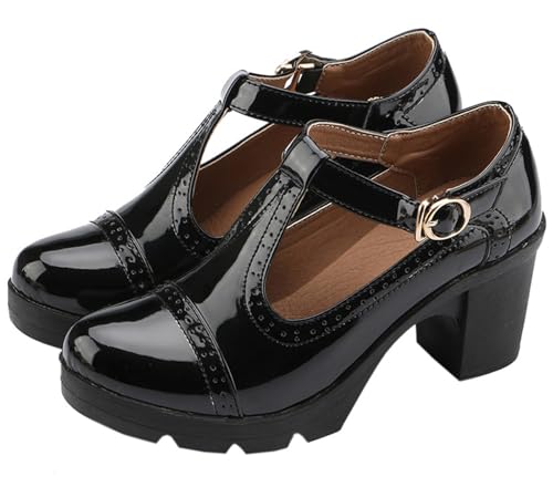 DADAWEN Women's Classic T-Strap Platform Mid-Heel Square Toe...
