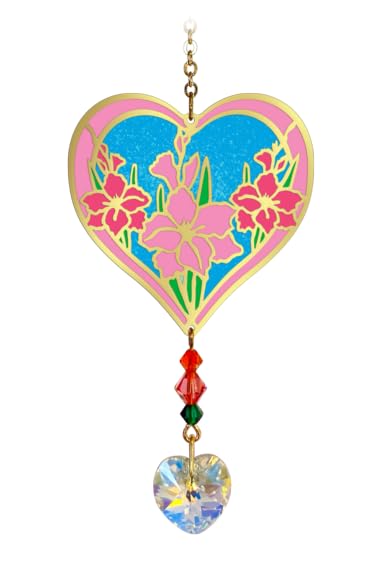 Birthmonth Flower Sun-Catcher Mobile, Stained Glass Effect, Sparkling Crystal Heart Adorned