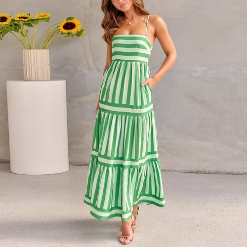 Image of Yuemengxuan Boho Maxi Dresses for Women Spaghetti Strap Flowy Smocked Long Dress Casual Summer Vacation Beach Maxi Dress