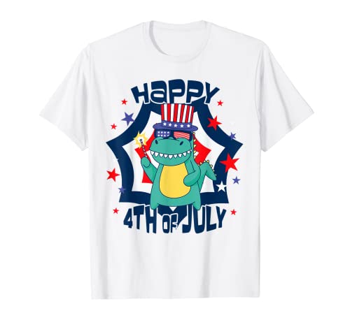 Dinosaurio Feliz 4 de julio Hombres Niños Trex Bandera Americana Camiseta