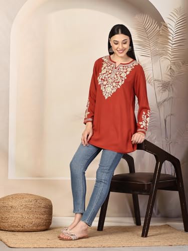 Image of QAZMI Women's Jasmine Kashimiri Aari Embroidered Viscose Rayon A-Line Flared Short Kurti