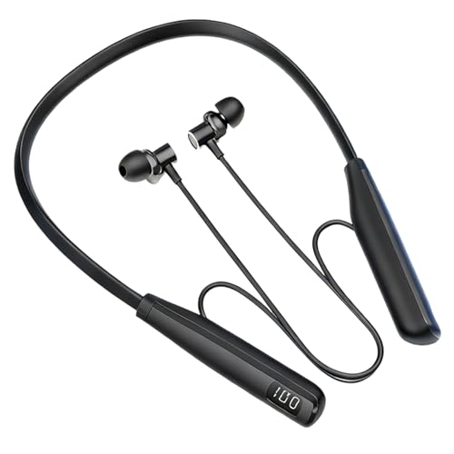 Neckband Headphones for Running Bluetooth 5.3 Playtime up to 100 Hours LED Battery Display Headphone in Ear, Ipx4 Bluetooth Earphones with Microphone Magnetic Headset with Noise Reduction (Black)