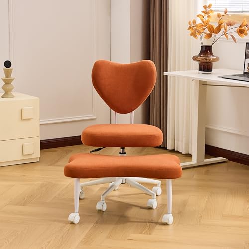 Image of Ergonomic Cross Legged Office Chair with Wheels, ADHD Chair for Adults, Meditation Chair, Yoga Office Chair, Comfortable Back Support, Height Adjustable,Small Spaces,Corduroyr-Orange