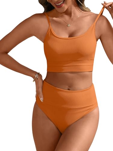 Image of ANRABESS Women's High Waisted Bikini Sets,Color Block 2 Piece Swimsuits,Tummy Control Bathing Suits,Thick Ribbed Beach Wear