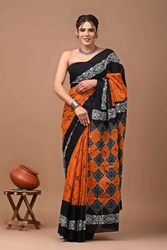Image of Hand Block Printed Cotton Mulmul Saree | Soft Lightweight Summer Saree | Pure Cotton Traditional Indian Saree for Women