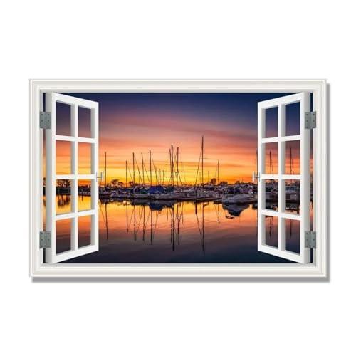 Tableau sur toile fenêtre pour salon avec vue mer relaxante 70x105cm