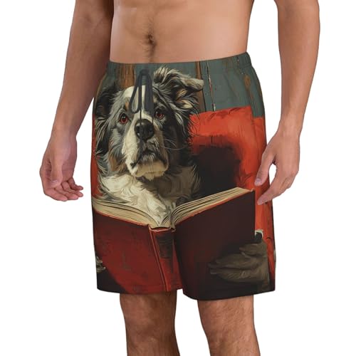 Men Swim Trunks Beach Shorts Swimwear Summer Bathing Suits - Dog Reading Book Retro2