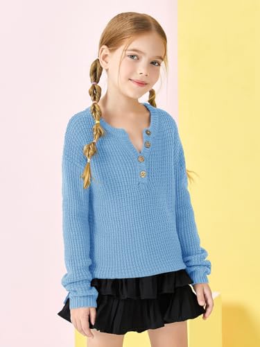 Image of Girls Waffle Knit Sweaters Trendy Henley Button V Neck Long Sleeve Pullover Jumper Tops Blue