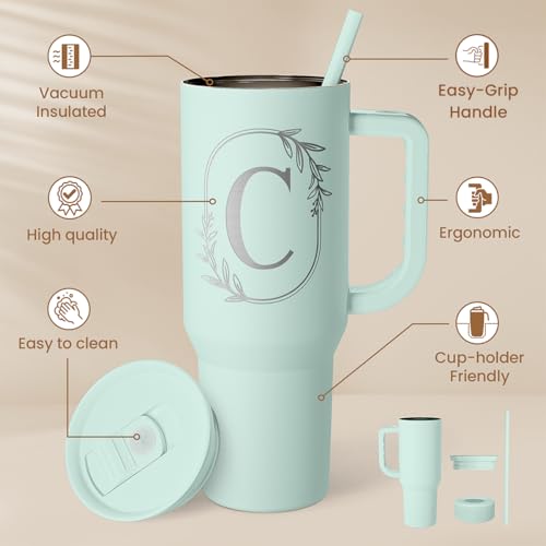 Personalized Monogrammed Tumbler with Handle 40oz, Letter C Tumblers Insulated Coffee Travel Cup, Custom Initial Gift for Women Girls Friends, Monogram Gift for Christmas Birthday Mothers Day - Image 3
